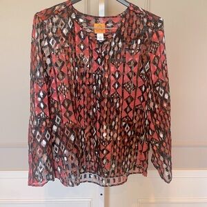 Ruby Rd. sheer aztec blouse button down top 12 geometric red orange black